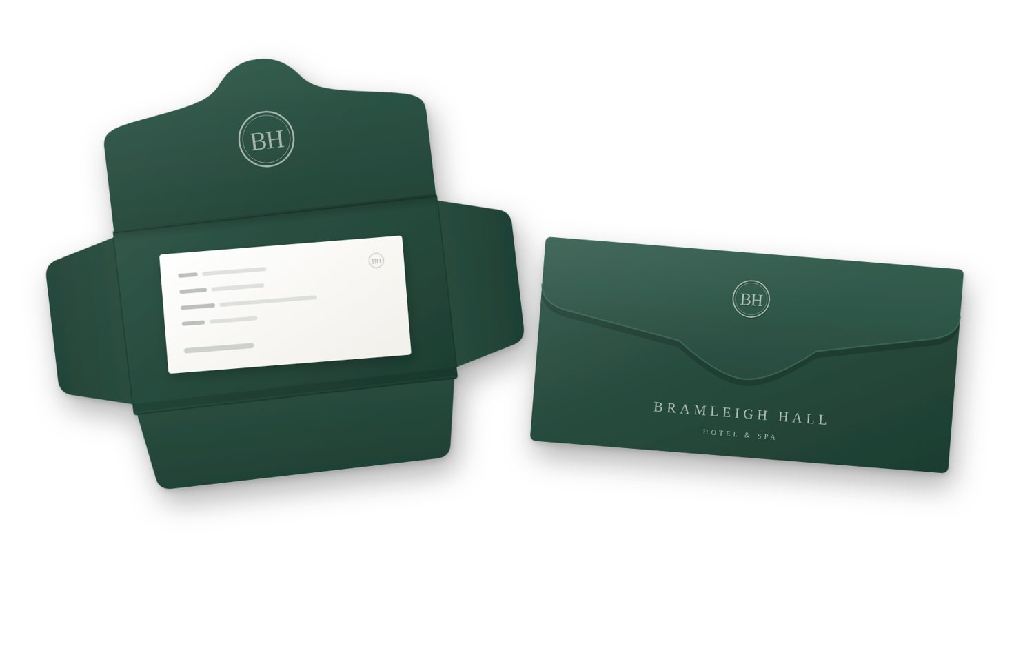 Beech diamond-flap wallet mock-up, open with the voucher card inside and folded with a demo mark on the front
