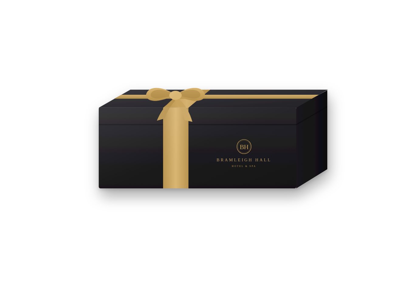 Gift box mock-up: black box with a gold ribbon and bow