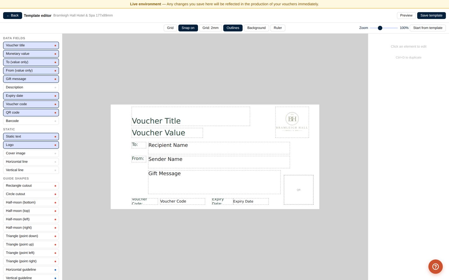 The voucher design canvas in the Fulfilify platform